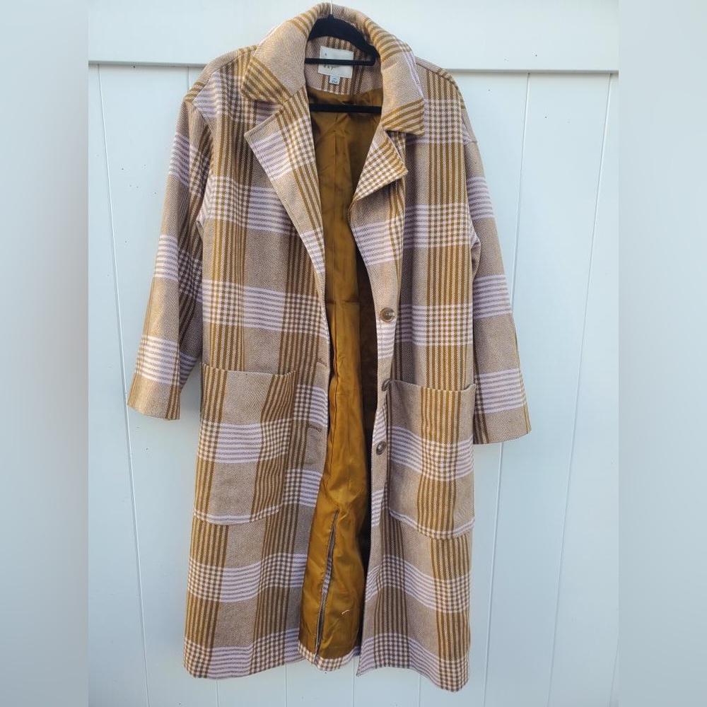 A New Day NWT Women's XL Brown Pink Plaid Pocket 3 Button Collared Trench Coat